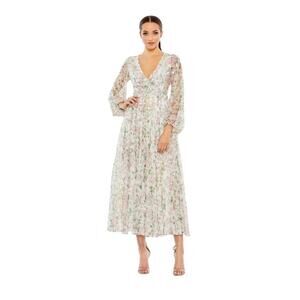 Mac Duggal NWT Sz 8 93788 Embellished Floral Print Faux Wrap A Line Midi Dress